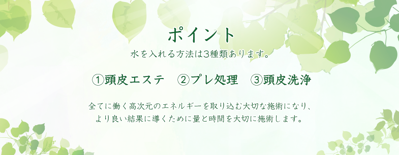 ポイント 水を入れる方法は3種類あります。①頭皮エステ②プレ処理③頭皮洗浄